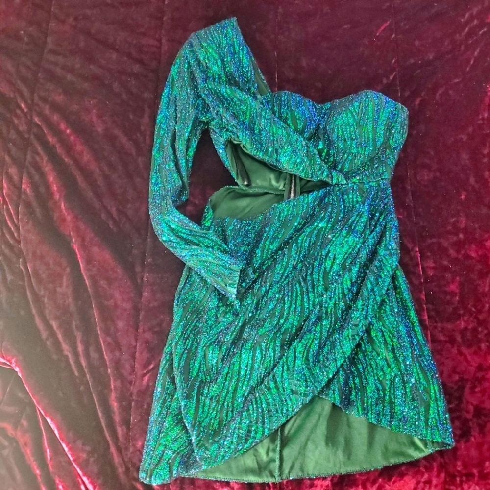 L&L Green Teal one shoulder cut out Sequin Party Dress Sz L - Picture 2 of 5